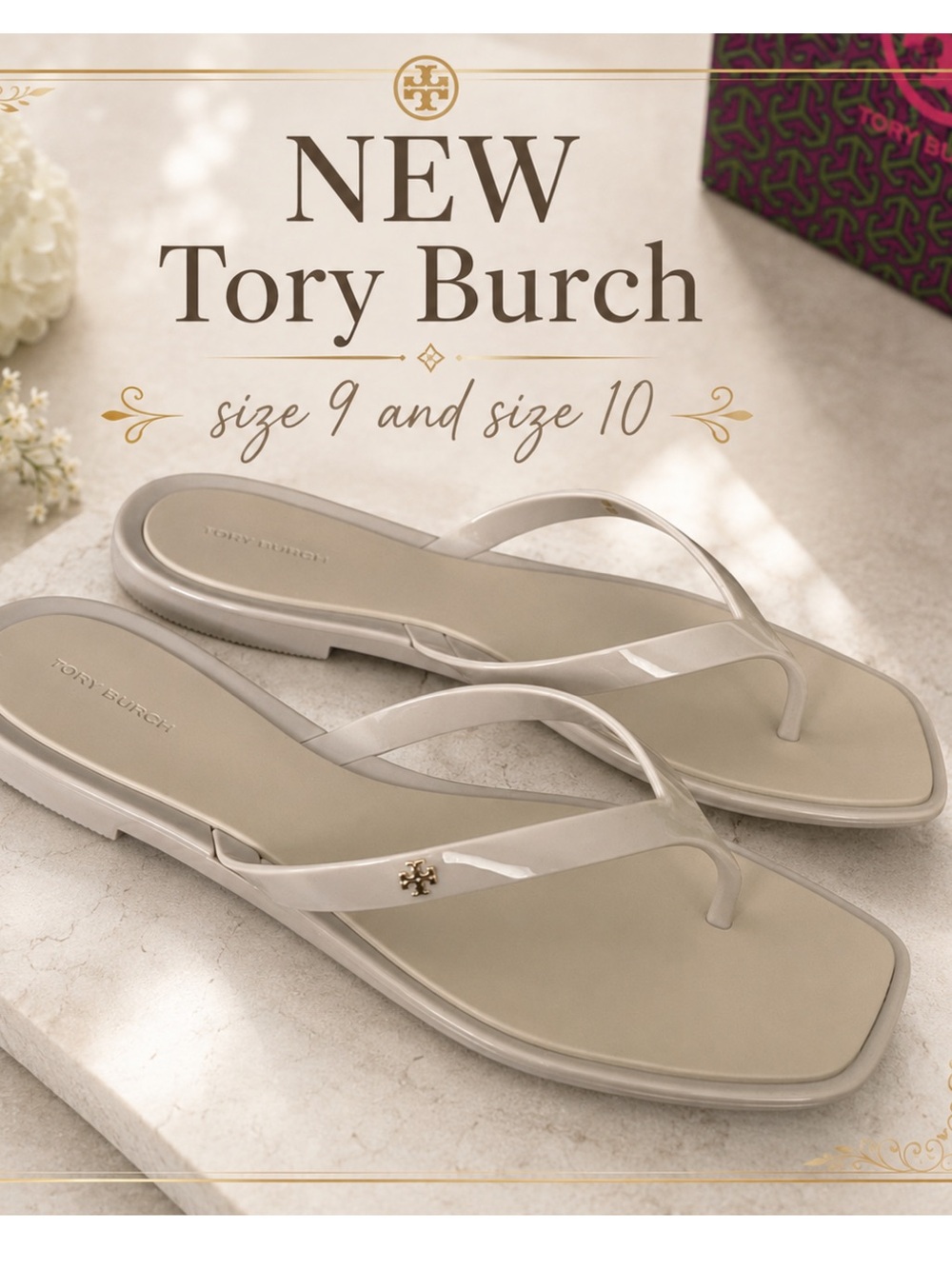 New, Authentic TORY BURCH Beige ROXANNE FLIP-FLOP Sandals Slides size 9 or 10